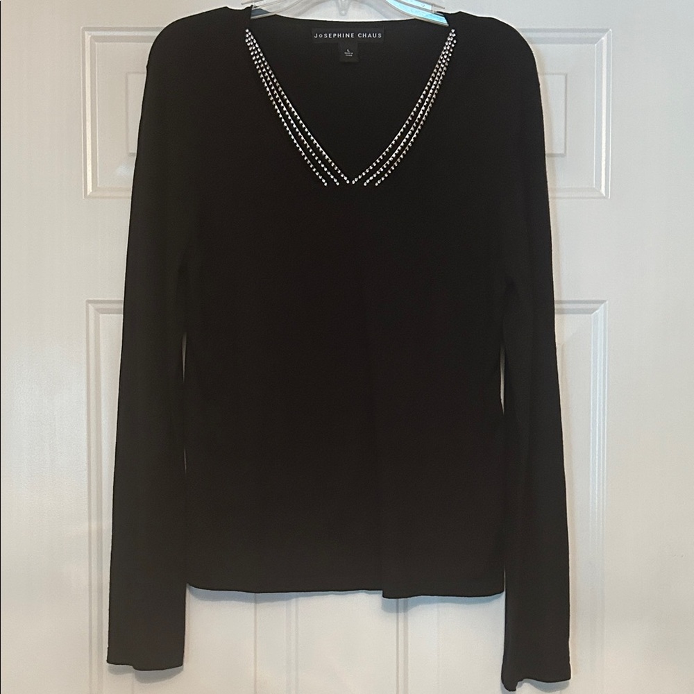 Josephine Chaus Silk Blend Knit Top L Black V-Neck Rhinestone Elegant Classy